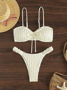 Swim Mod Summer Beach Women's Knotted Detail Texture Bikini Set - Beige - View 3