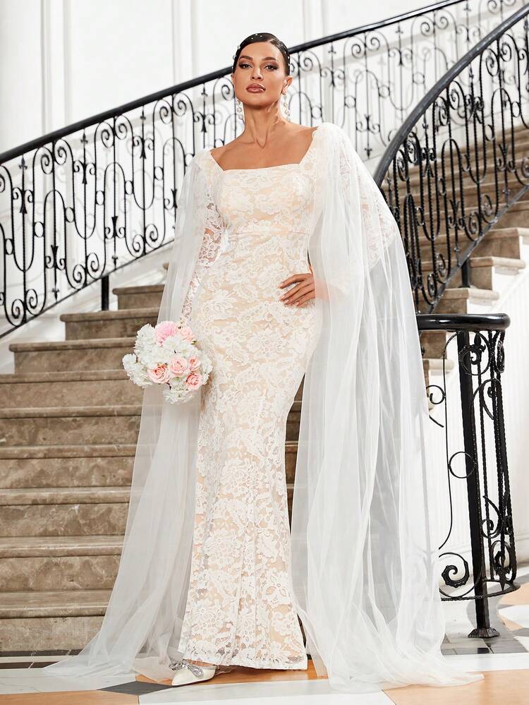 Women's Elegant Romantic Wedding Dress Square Collar Flowing Shawl Mesh Wafting Sleeve Elegant Fishtail Dress Body With White Lace Fabric Mesh Stitching Show Romantic Wedding Dress