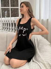 时尚字母印花无袖家居服睡衣连衣裙，弧形下摆，宽松睡裙