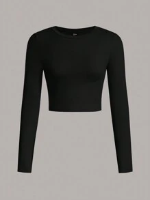 SHEIN EZwear 2 chiếc/Bộ Áo thun nữ cổ tròn dài tay bó sát màu trơn đơn giản, phù hợp cho mùa xuân và mùa thu - Nhiều màu - Xem 3