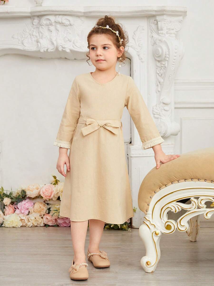 SHEIN Ramadan Young Girls' Casual Plain Color Fringed V-Neck Long Sleeve Dress, Suitable For Daily Wear, Festivals, And Parties, Summer