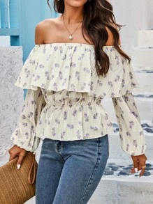 SHEIN LUNE Ditsy Floral Ruffled Cold Shoulder Blouse - Apricot - View 7
