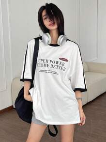 DAZY Women's Color Block Drop Shoulder T-Shirt Oversized T-Shirt,Graphic Tees - White - View 8