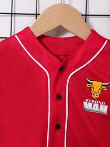 SHEIN Bộ đồ bóng chày hai mảnh họa tiết hoạt hình cổ chữ V nhiều màu cho bé trai và quần short - Đỏ - Xem 10