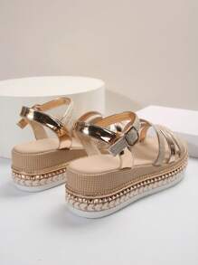 金色坡跟仙女凉鞋，春夏交叉绑带厚底罗马鞋，百搭显瘦，旅行必备 - 金色 - 查看 8