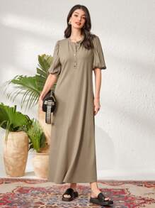 Seusyu Women's Button Front Puff Short Sleeve Dress - Army Green - View 4