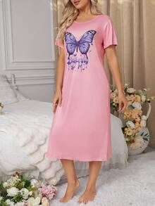 Women's Butterfly & Letter Pattern Pajama Sleepwear Dress - Pink - View 6
