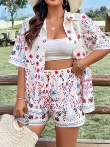 SHEIN SunnyBelle 大尺碼女士全印花短袖衫和短褲套裝 - 彩色 - 查看 1