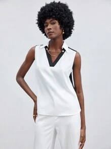 BizChic Débardeur Col En V Sans Manches Pour Femme Avec Bloc De Couleur - Blanc - Voir 4