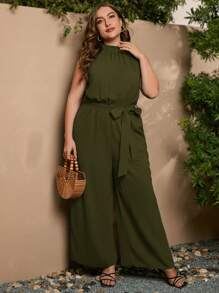 SHEIN Clasi Kích thước lớn Áo liền quần Với Túi , Bên Sọc , Eo Thắt lưng Và Halter Neck - xanh quân đội - Xem 5