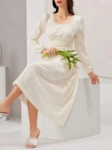 Modelyn Quý cô Màu thuần Textured Viền ren Đầm - trắng - Xem 1