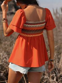 SHEIN LUNE Women's Geometric Printed Ruffle Short Sleeve Shirt - Orange - View 3