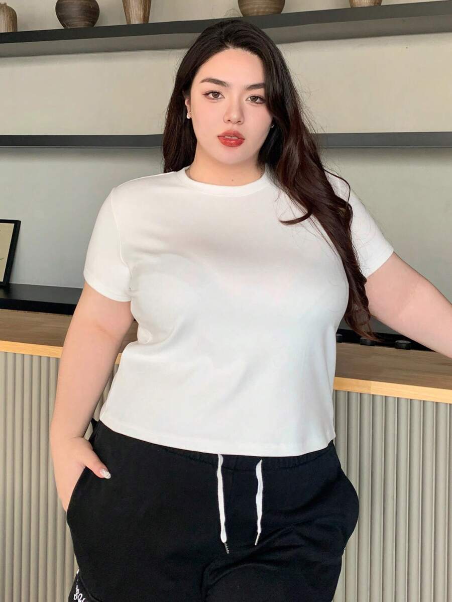 Dazy Plus Plus Size Solid Color Basic Round Neck T-Shirt Summer, Crop Tops Women Preppy Tops - White - View 1