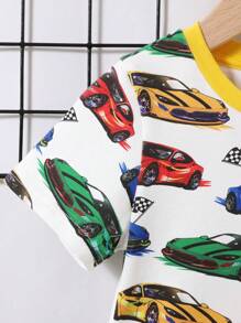 SHEIN Baby Boy Cartoon Car Pattern Round Neck Short-Sleeved Pullover Top And Shorts Two-Piece Set