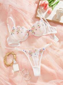 Conjunto De Lencería Sexy De Malla Bordada De Flores Para Temporada De Bodas - Multicolor - Ver 1
