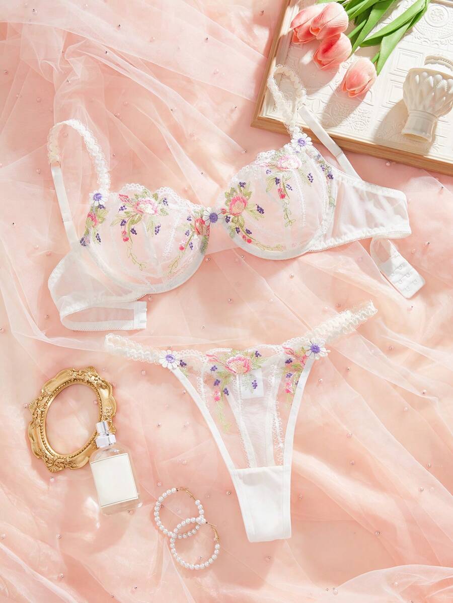 Conjunto De Lencería Sexy De Malla Bordada De Flores Para Temporada De Bodas - Multicolor - Ver 1