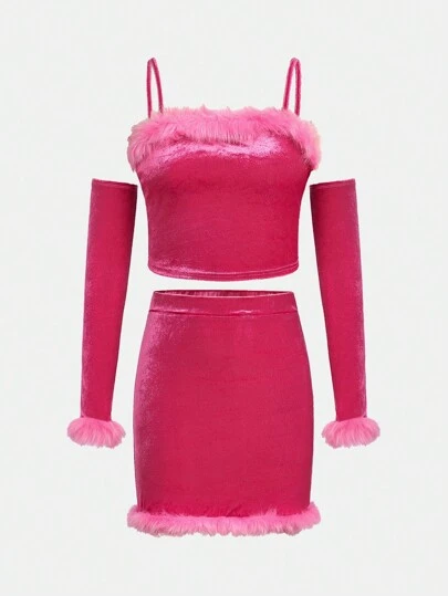 SHEIN Teen Girls' Velvet Spliced Strap Cami Top & Pleated Skirt Set With 1 Pair Of Sleeves