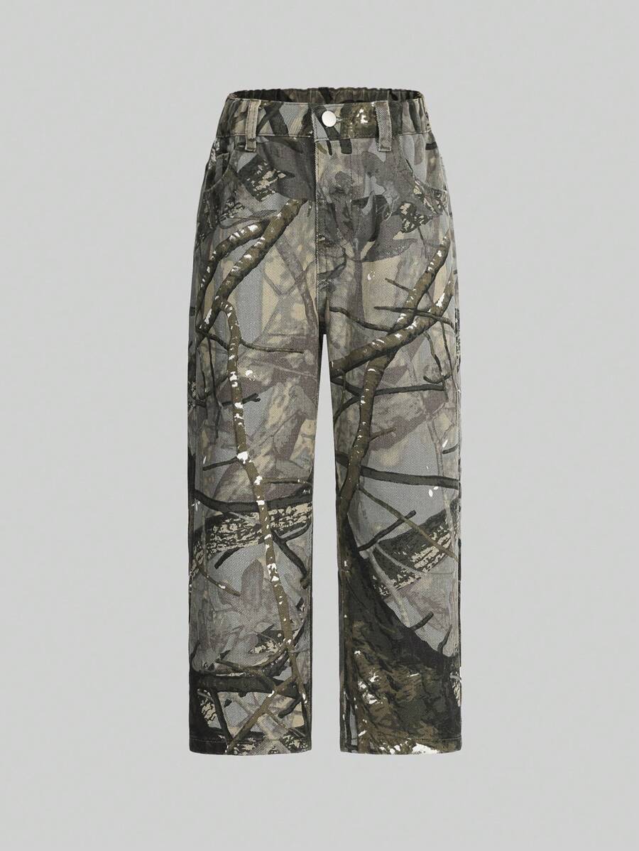 SHEIN Young Boy's Outdoor Streetwear Straight Leg Jeans Without Elasticity - Army Green - View 1