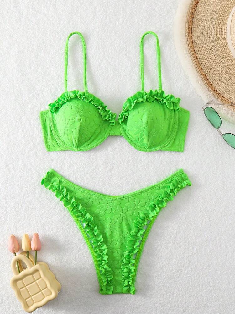 Women's Floral Print Halter Bikini Set With Underwire And Ruffled Hem, 2pcs Summer