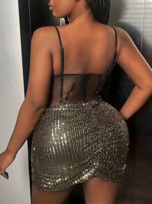 Slaydiva Kích thước lớn Lưới Long lanh Váy Dây - Vàng - Xem 2