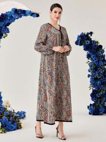 Al Najma Của phụ nữ Cổ chữ V Sọc Trang trí Tay áo lồng đèn Đầm - Nhiều màu - Xem 4