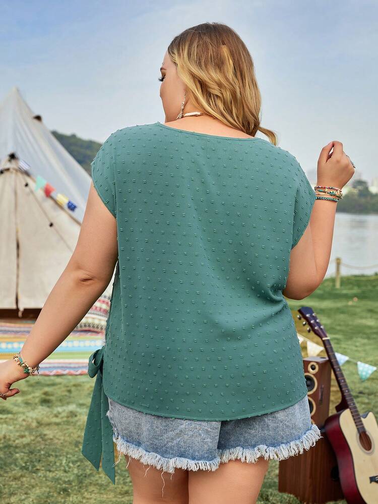 Plus Size Vacation Floral Wrap Tie Jacquard Blouse With Side Knot