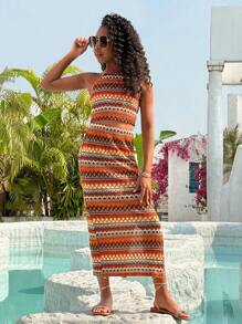 SHEIN SLAYR Tween Girl Tween 女童休闲几何印花挂脖无袖上衣和裙子套装 - 彩色 - 查看 4