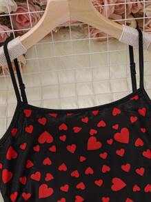 SHEIN Teen Girls' Knit Mesh Heart Pattern Casual Cami Dress - Black - View 5