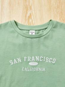 SHEIN 中大童女孩針織字母刺繡寬鬆短袖休閒t恤 - 薄荷綠 - 查看 3