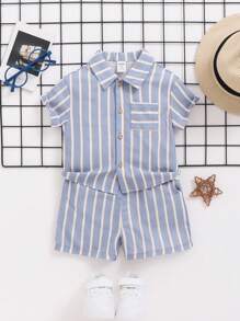 SHEIN 男嬰藍白條紋前扣襯衫休閒短褲 2 件套 - 藍色 - 查看 1