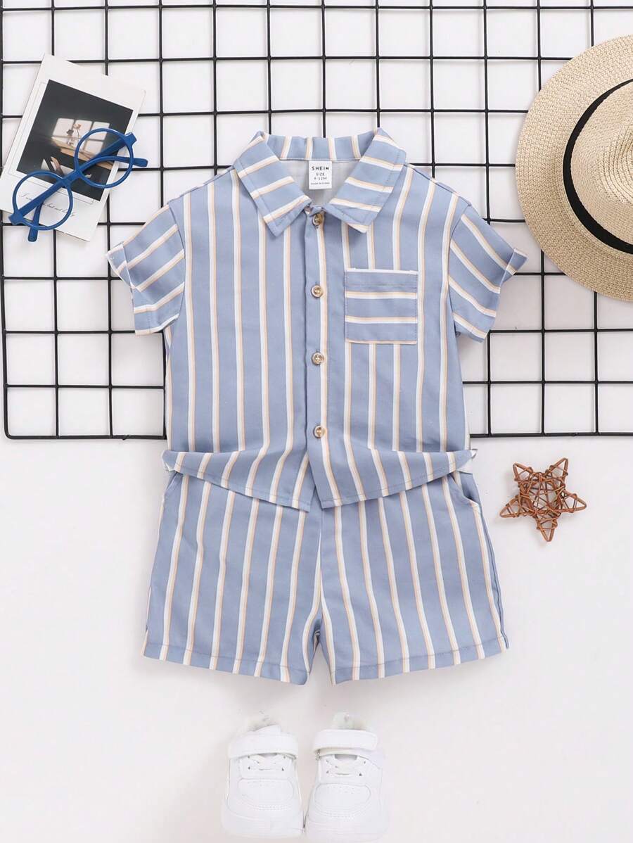 SHEIN 男嬰藍白條紋前扣襯衫休閒短褲 2 件套 - 藍色 - 查看 1