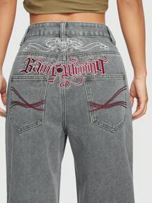 ROMWE Avant Phong cách đường phố Giải trí quần ống rộng Lá thư & Cây nho Thêu Của phụ nữ Denim Quần jean - Xám - Xem 6