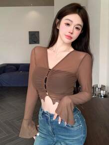 DAZY Của phụ nữ Lưới trong suốt Tay áo dài Quần skinny Áo - màu nâu - Xem 2