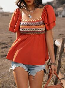 SHEIN LUNE Women's Geometric Printed Ruffle Short Sleeve Shirt - Orange - View 1