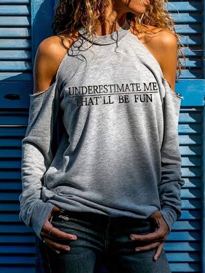 Women's Loose Casual Round Neck Letter Print Sexy Off-Shoulder Personalized Slouchy Sweatshirt, Suitable For Daily, Home, Office, Date, School, Graduation Season, Fashionable, Spring/Summer/Autumn