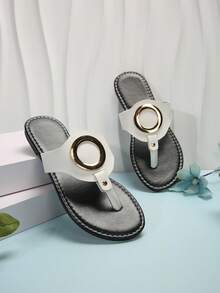 圆头平底拖鞋，配金属扣和人字拖，适合日常和户外海滩穿着 - 棕色 - 查看 5