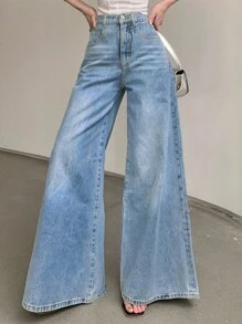 女士休闲水洗宽松阔腿牛仔裤 - 淺色水洗藍 - 查看 4