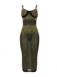 Rhinestone Studded Detail Bustier Cami Bodycon Dress - Gold - View 3