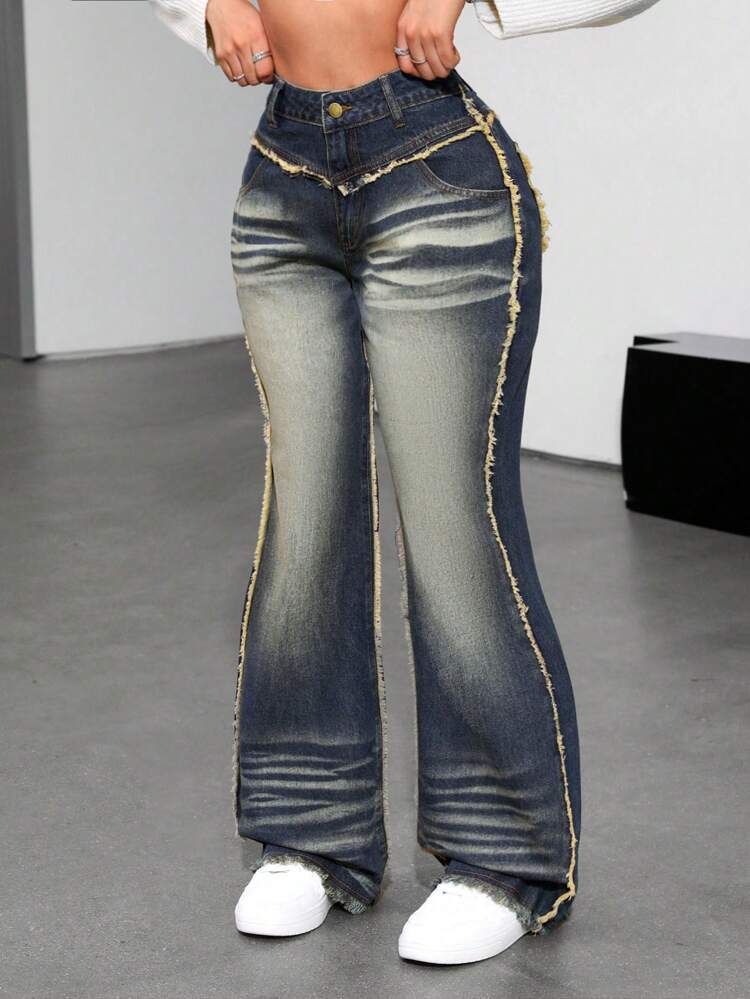 Women's Flare Jeans With Frayed Hem