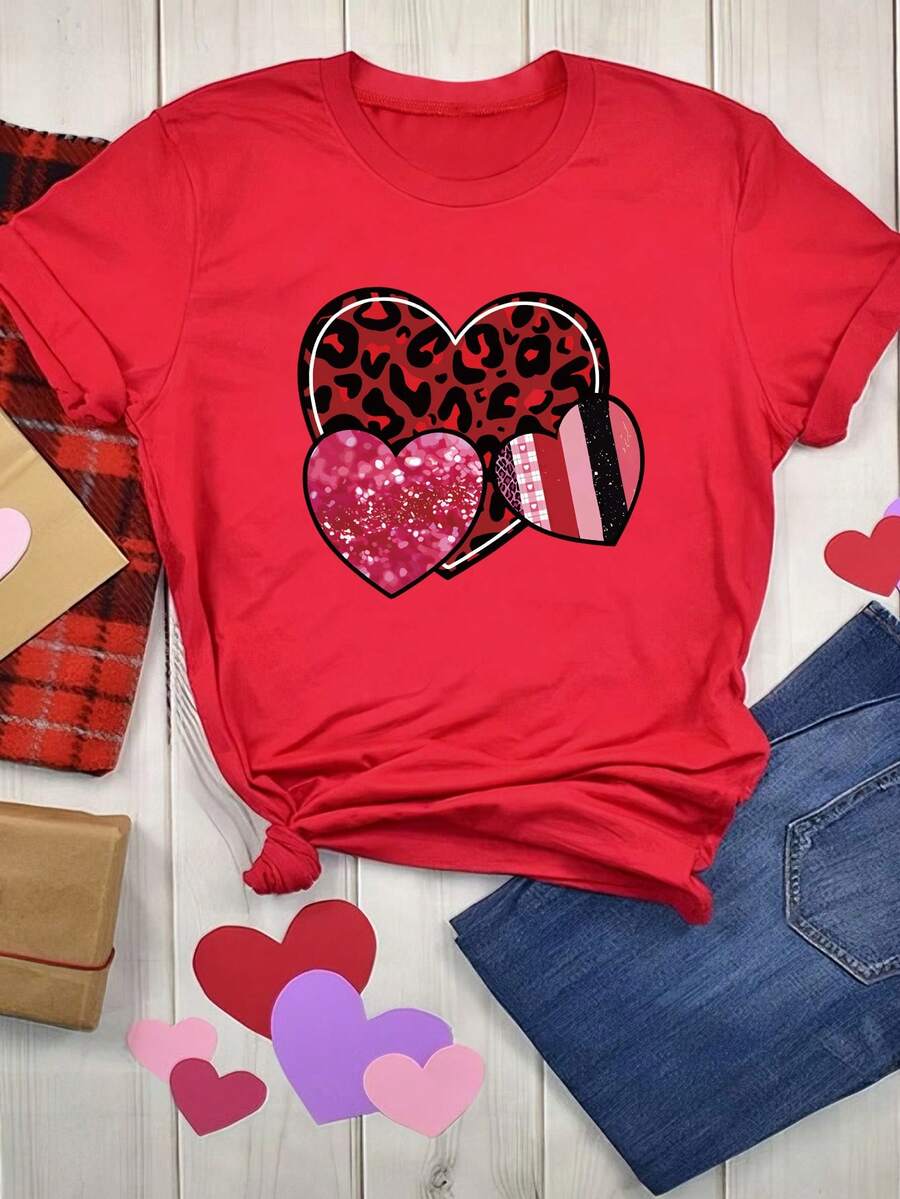 Calvaya Áo thun cổ tròn tay ngắn họa tiết da báo thiết kế hình trái tim cỡ lớn cho nữ - Đỏ - Xem 1