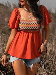 SHEIN LUNE Women's Geometric Printed Ruffle Short Sleeve Shirt - Orange - View 6