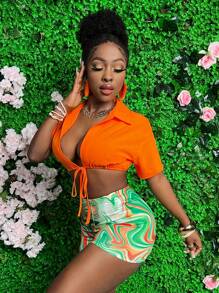 Slaydiva Solid Color Crop Tie Open Front Short Sleeve Shirt And All Over Print Cropped Shorts