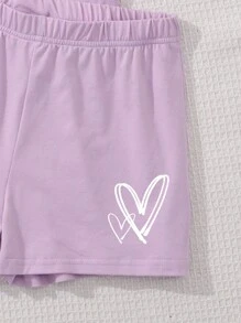 Cô gái Tween Giải trí Đơn giản Tim In Ngắn tay Áo Và Quần short , Thích hợp Cho mùa hè - Màu tím hoa cà - Xem 5