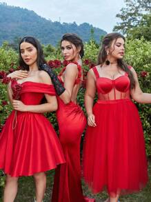 SHEIN Belle Cup Style Ballet Inspired Puffy Plus Size Party Prom Dress - Red - View 3