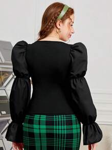 SHEIN 青少女燈籠袖荷葉邊方領上衣和格紋迷你裙套裝 - 綠色 - 查看 2