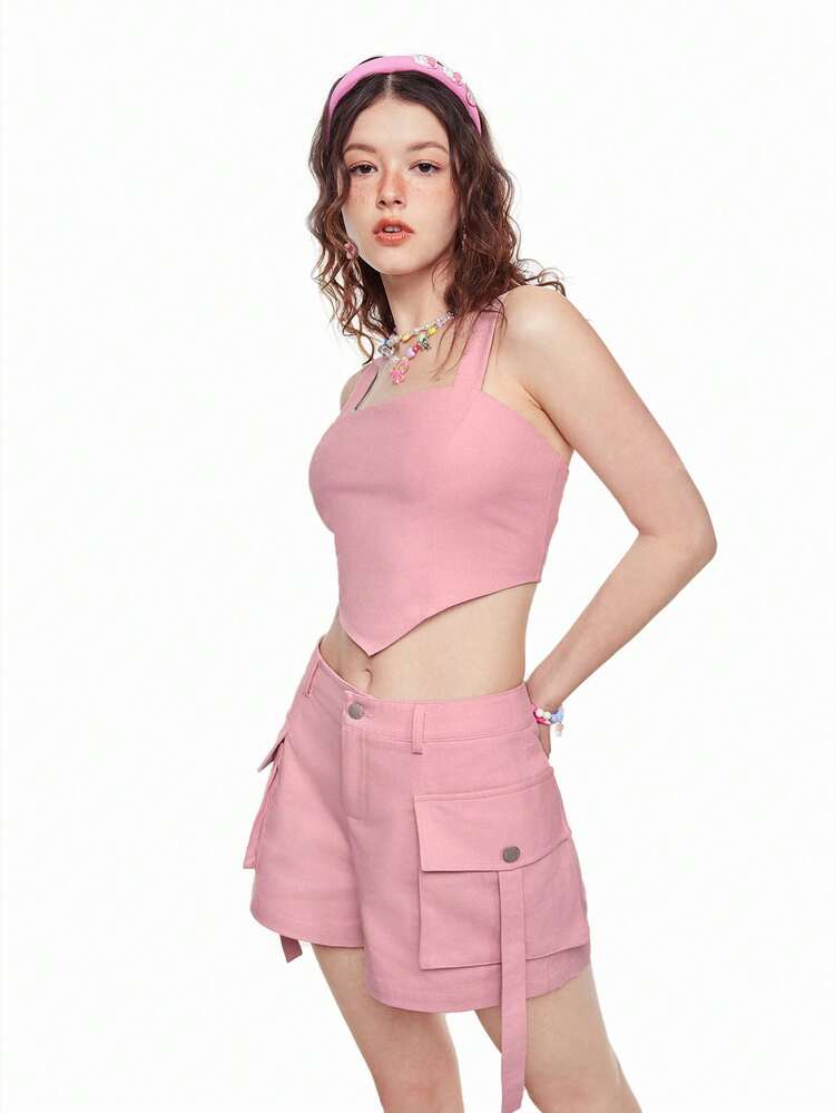 Women's Summer Music Festival Solid Color Asymmetric Hem Top And Utility Shorts Pink Two Piece Set
