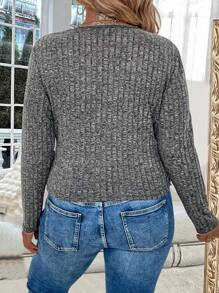 SHEIN LUNE 大尺碼女蕾絲拼接長袖 T 卹 - 深灰色 - 查看 2