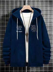 Manfinity Homme Men's Loose Fit Letter Printed Zipper Hoodie - Navy Blue - View 3