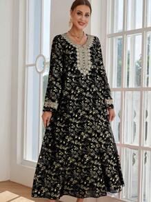Chiffon Gold Printing Spliced Water Soluble Lace Long Robe Dress - Black - View 1