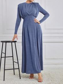 Modelyn Women's Solid Color Long Sleeve Dress Modest Dress - Dusty Blue - View 5